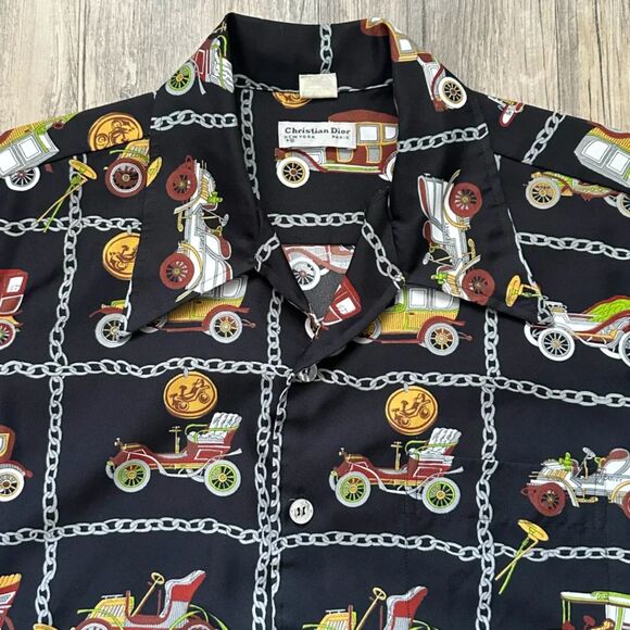Vintage Christian Dior All Over Print AOP Classic Car Button Shirt Size Large - Picture 2 of 4